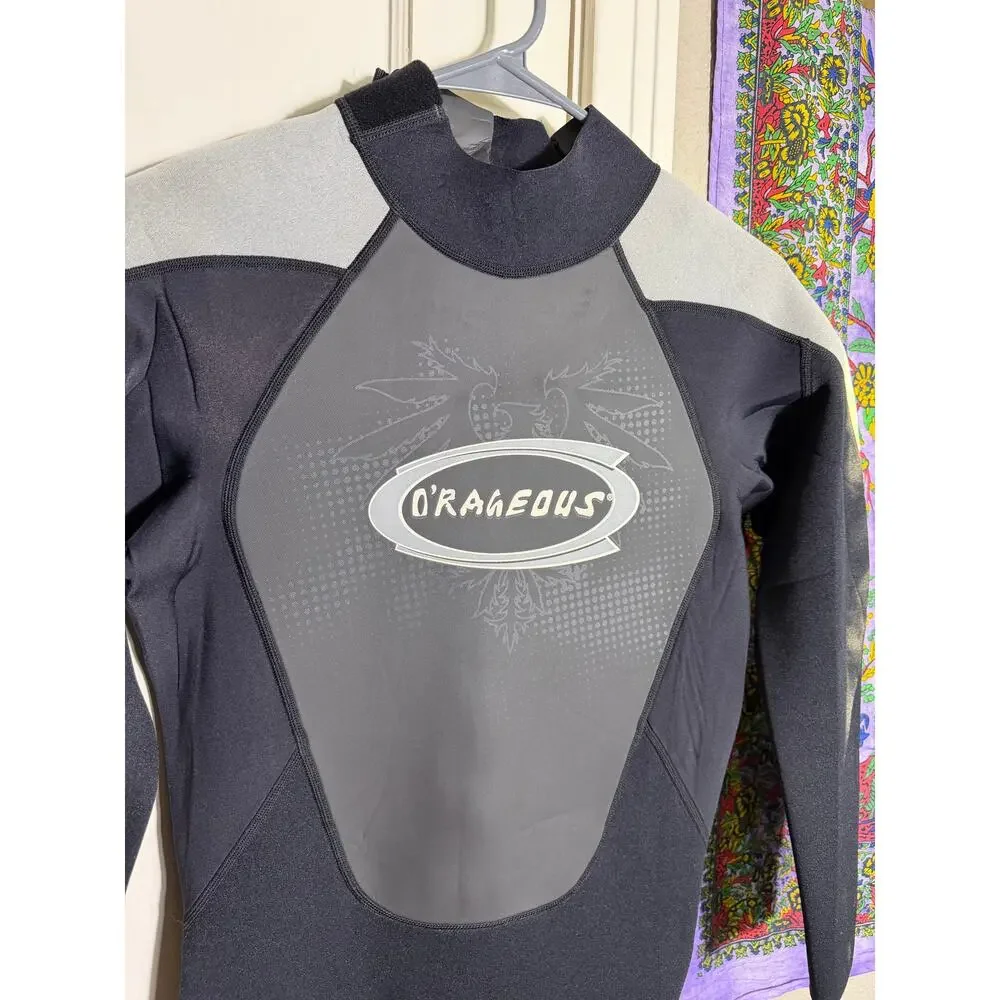 O'Rageous Men's Medium Full Wetsuit Black Gray Long Sleeve Back Zip Surf Dive